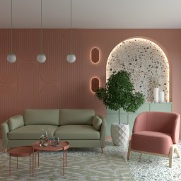 ProReal Studio Justyna Kępa - Stylowe wnętrze: oliwkowa sofa, różowy fotel, stoliki kawowe, dekoracyjna ściana z łukami i mozaiką, oświetlenie punktowe, roślina doniczkowa. Aranżacja w ciepłych, pastelowych barwach.