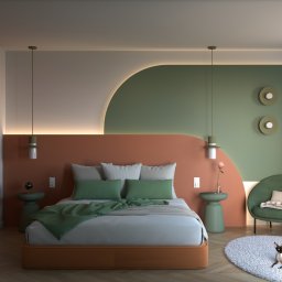 ProReal Studio Justyna Kępa - Stylowa sypialnia w odcieniach zieleni i terakoty. Minimalistyczne lampy wiszące, okrągły dywan i kot. Nowoczesny design z akcentami retro.