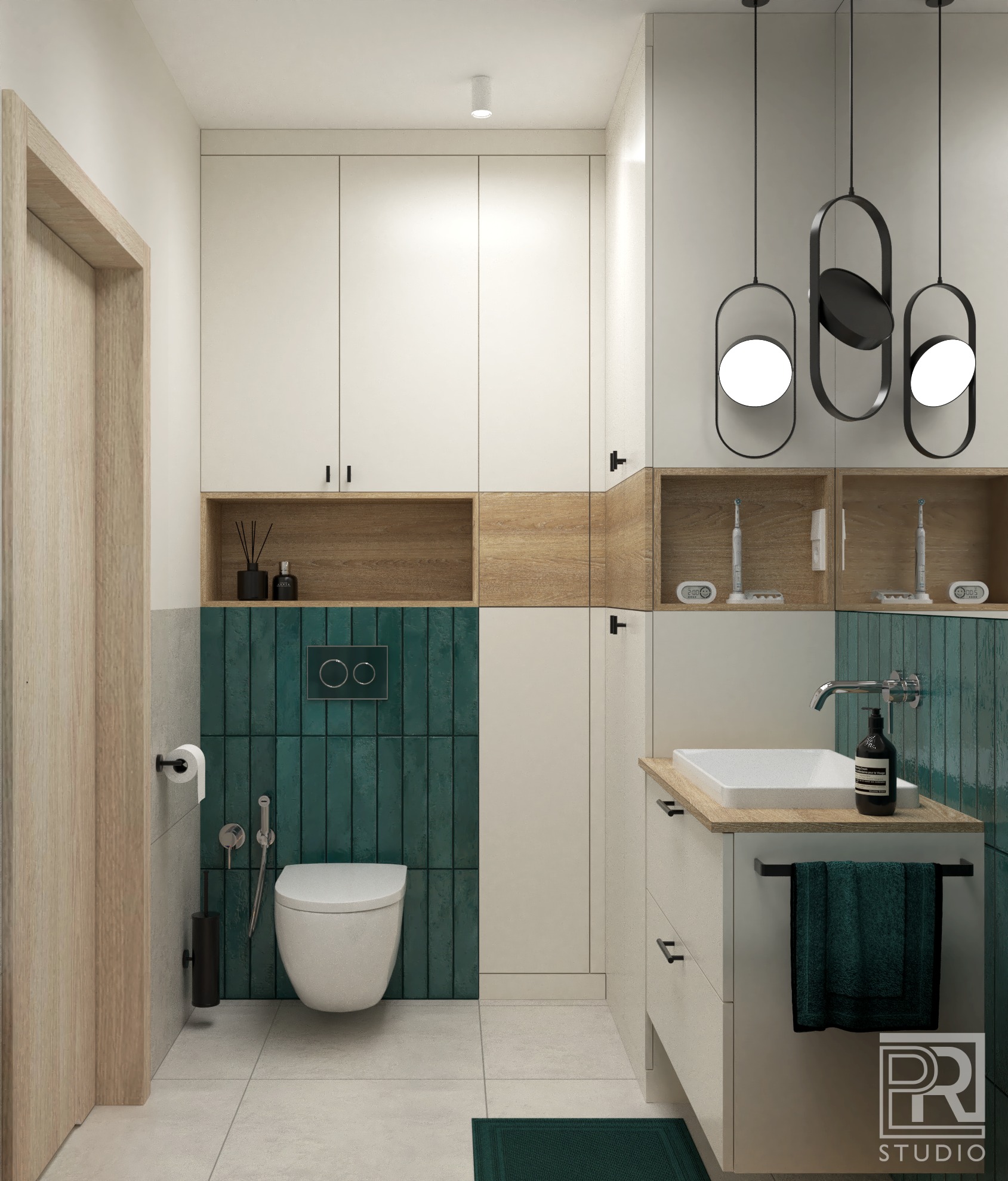 Wizualizacja nowoczesnej łazienki z turkusowymi płytkami, wiszącą toaletą i szafkami z drewnianymi akcentami oraz designerskimi lampami wiszącymi.