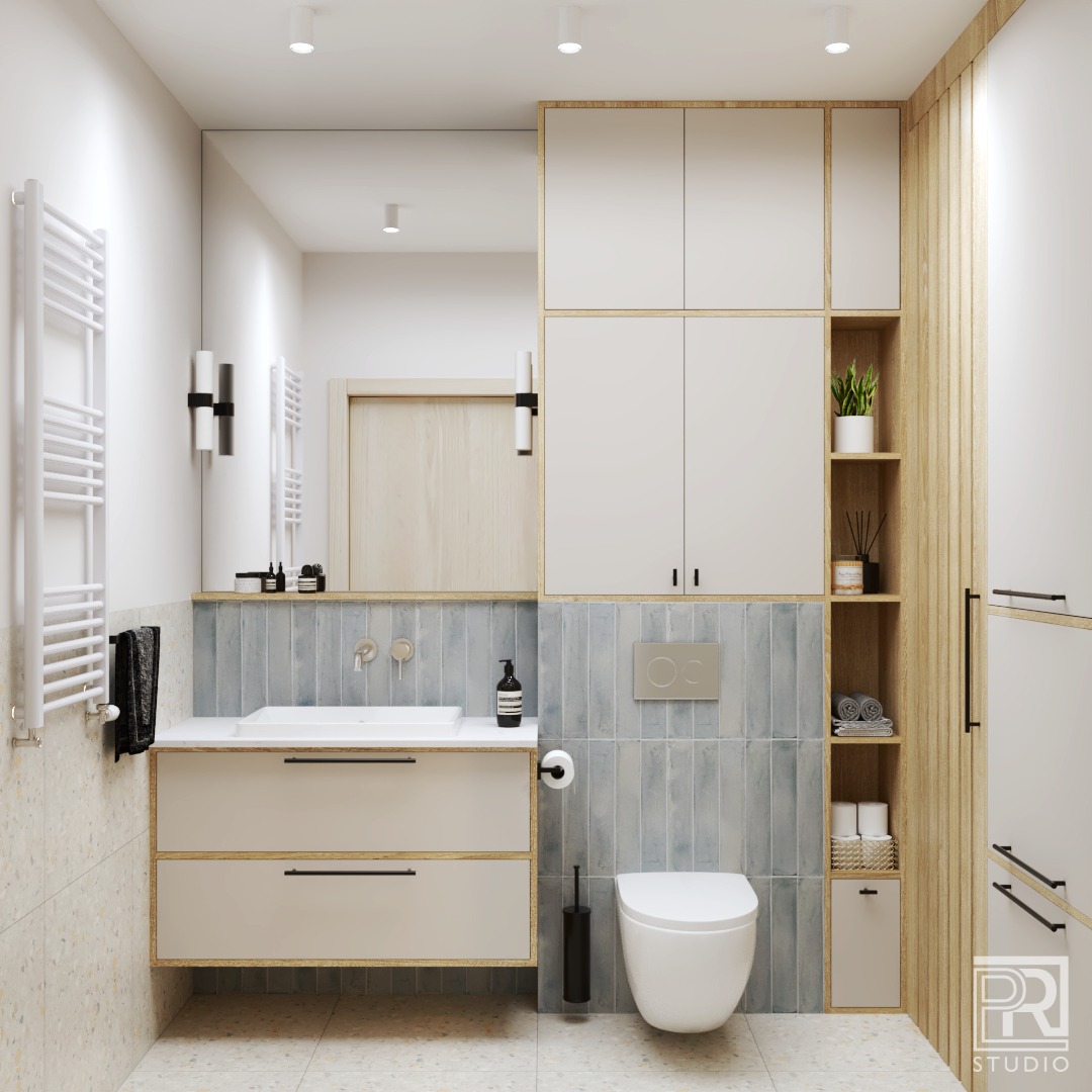 Wizualizacja nowoczesnej łazienki z beżowymi szafkami, umywalką nablatową, toaletą i niebieskimi płytkami na ścianie, uzupełniona o drewniane akcenty i minimalistyczne dodatki.