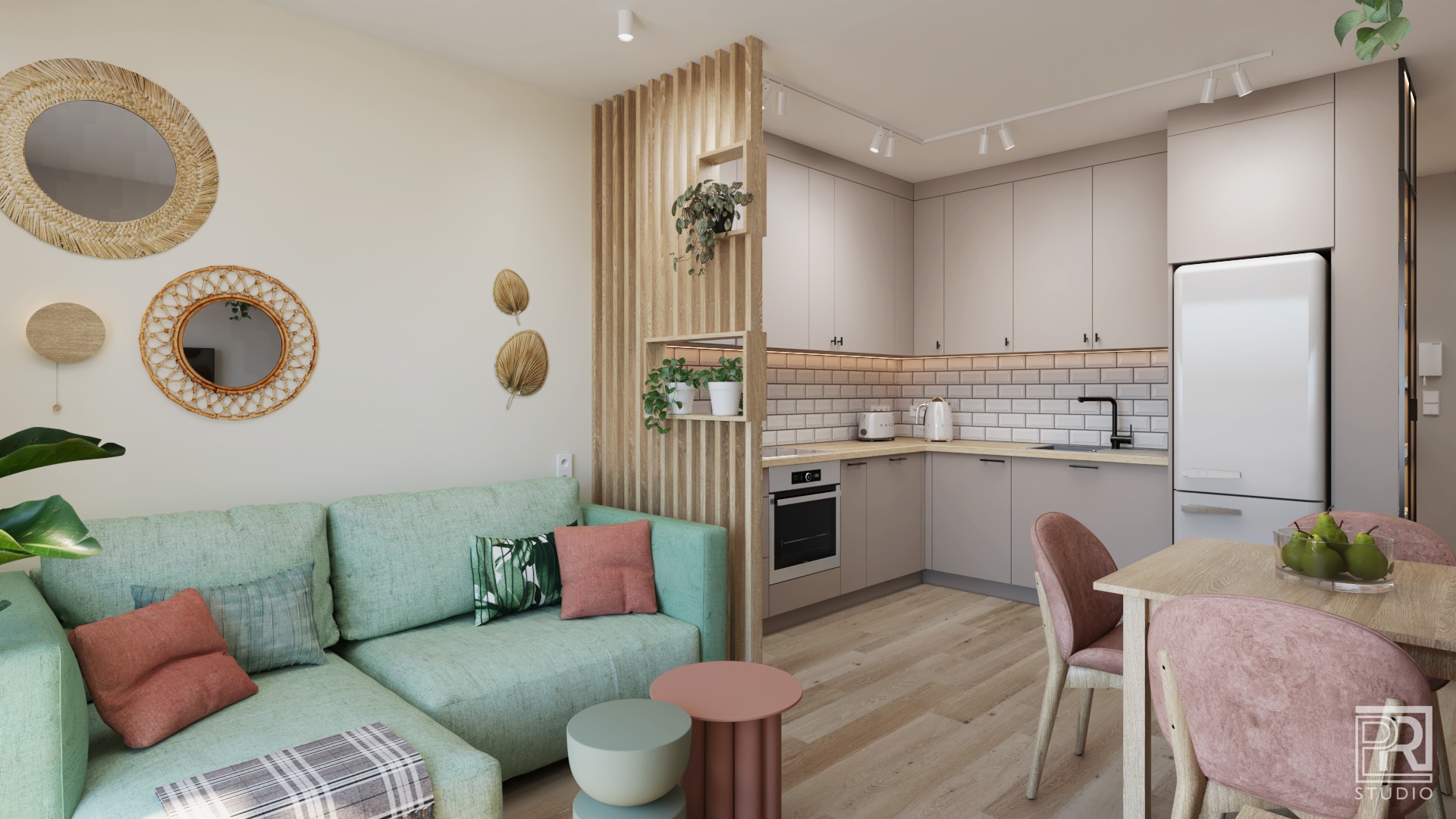 Nowoczesne wnętrze mieszkania z aneksem kuchennym, pastelowa sofa, drewniane lamele oddzielające przestrzeń, okrągłe lustra na ścianie i stół z różowymi krzesłami.