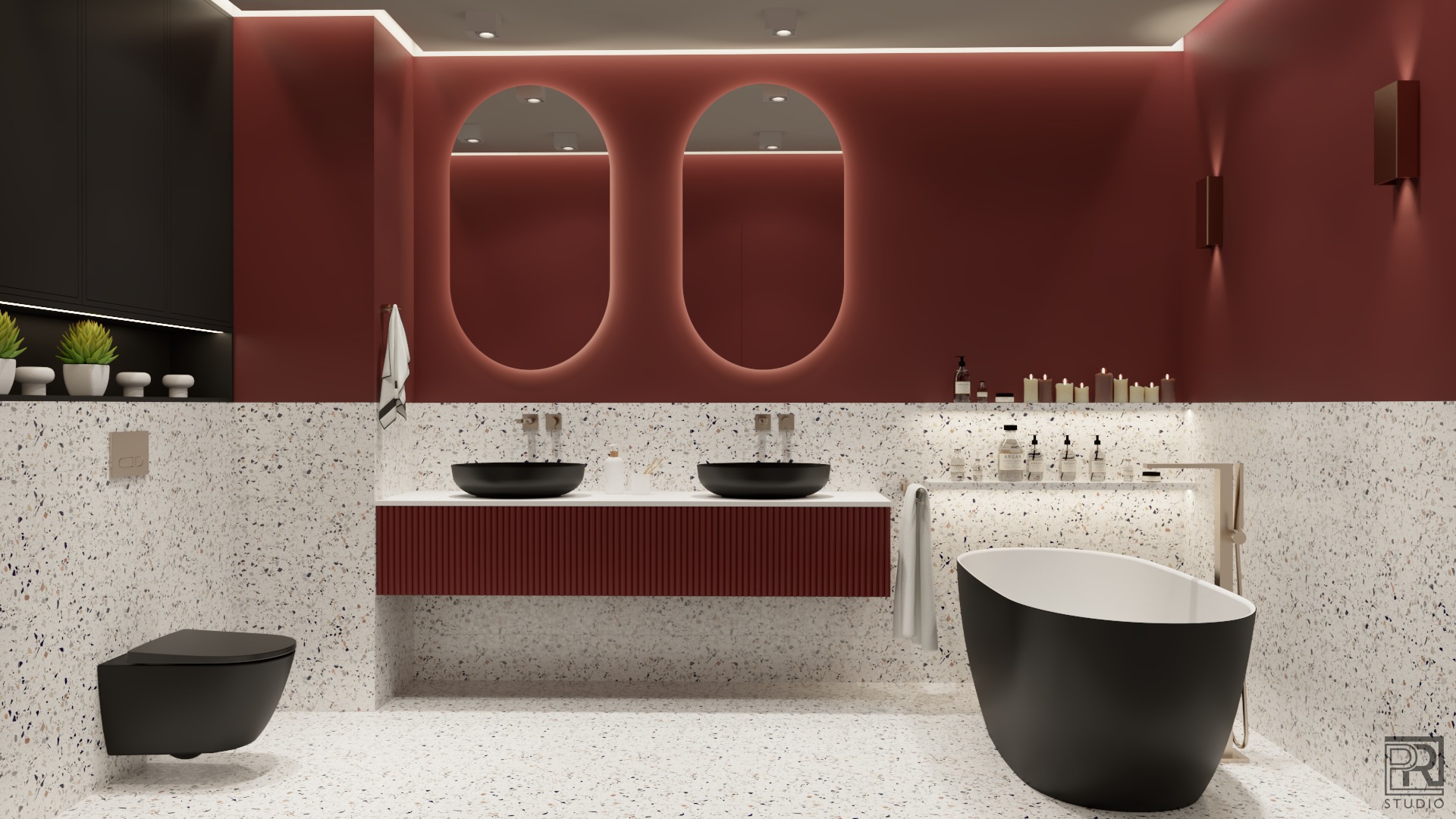 Nowoczesna łazienka z terazzo, bordowymi ścianami i szafką pod umywalki, owalnymi lustrami z podświetleniem LED, czarną armaturą i wolnostojącą wanną.