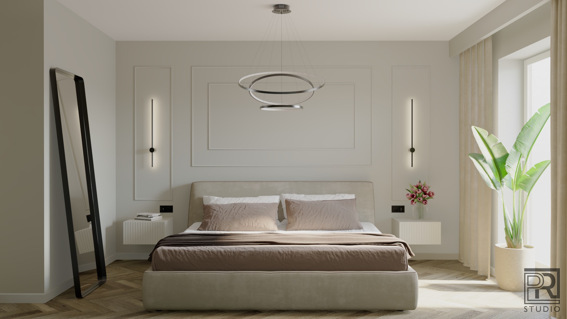Jasna sypialnia z łóżkiem w odcieniach beżu, parkietem w jodełkę, minimalistycznymi lampami ściennymi i wiszącą lampą pierścieniową, uzupełniona kwiatami i rośliną doniczkową