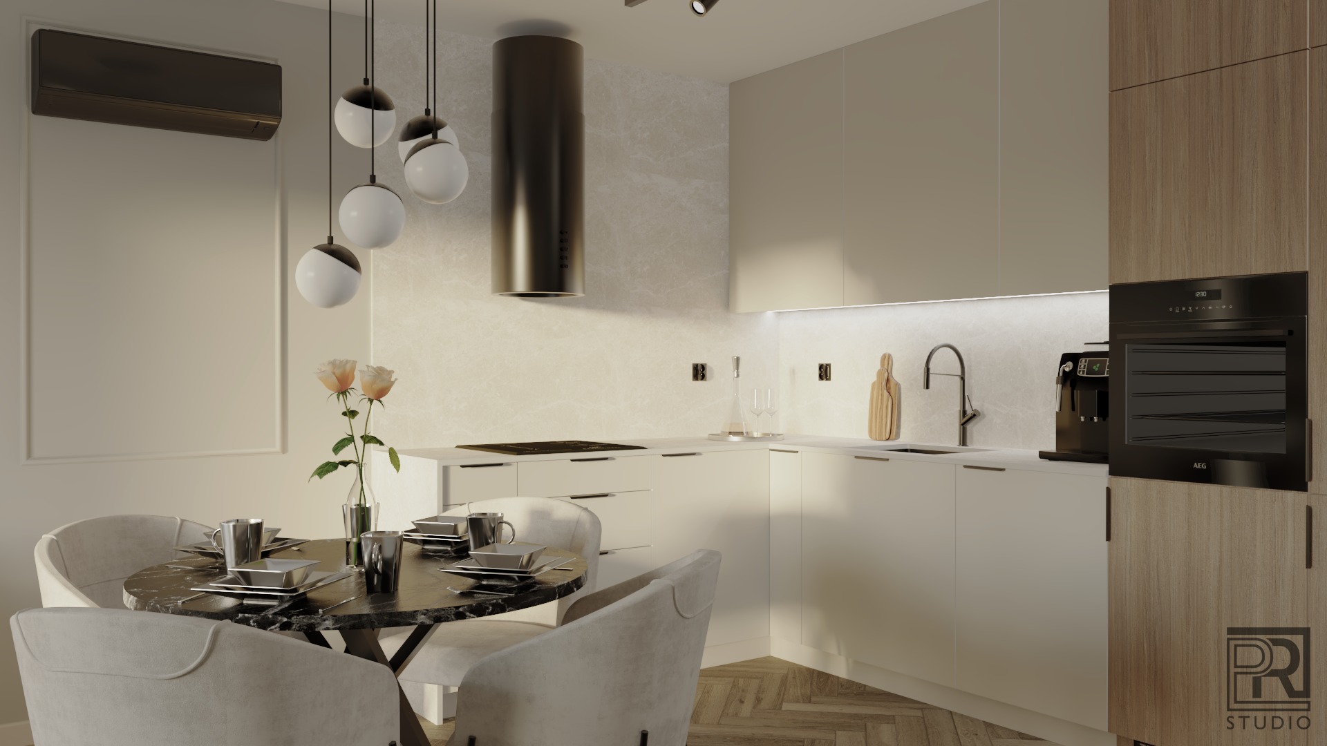 Nowoczesna kuchnia z okrągłym stołem z czarnego marmuru i beżowymi krzesłami, nad stołem wiszą kuliste lampy, a w tle widoczny sprzęt AGD w zabudowie.