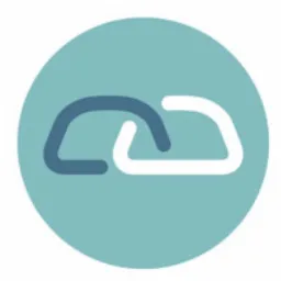 Graficzne logo przedstawiające dwa połączone, zaokrąglone kształty w kolorach błękitu i bieli na tle błękitnego koła.