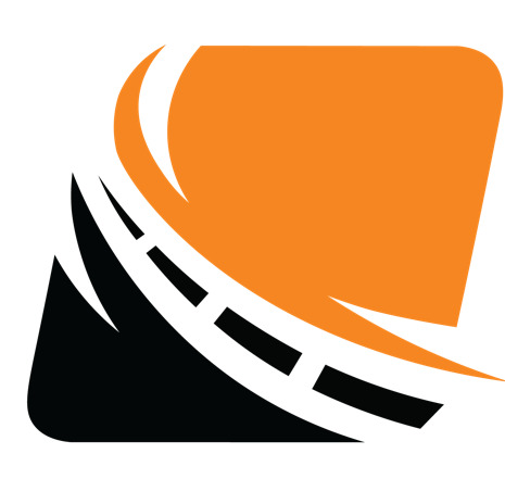 Abstrakcyjny logotyp: pomarańczowy kształt z czarnym elementem przypominającym drogę.