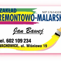 Wizytówka firmy remontowo-malarskiej z adresem w Wachowicach i numerem telefonu, obok nazwy firmy znajduje się grafika pędzla malarskiego.