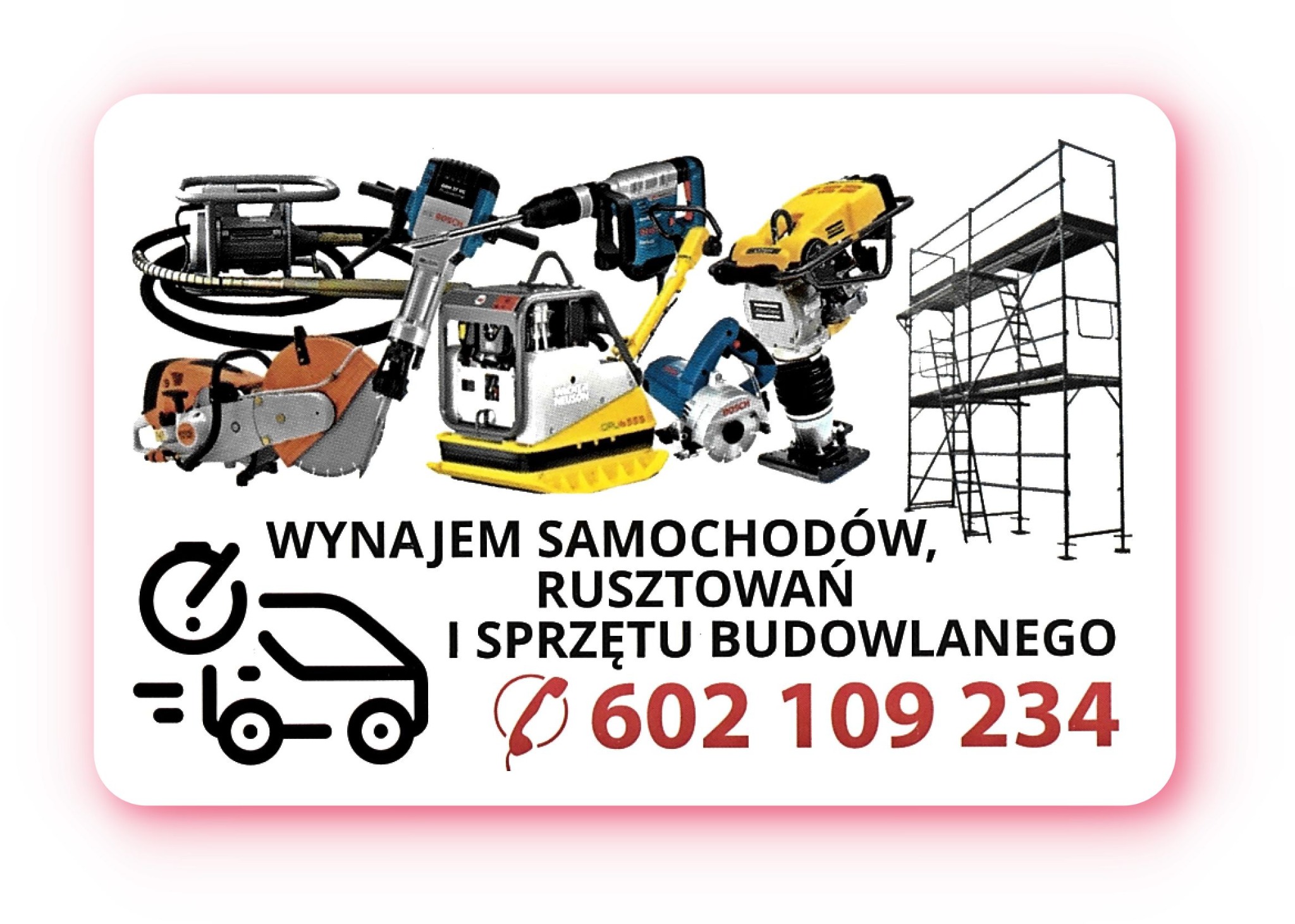 Ilustracja oferująca wynajem sprzętu budowlanego: rusztowania, zagęszczarki, przecinarki do betonu, młoty udarowe i inne narzędzia budowlane, kontakt telefoniczny.