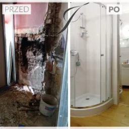 Porównanie stanu łazienki przed remontem: surowe ściany z odsłoniętą cegłą i gruzem, oraz po remoncie: kabina prysznicowa, umywalka i grzejnik drabinkowy na białych płytkach, z drewnopodobną podłogą.