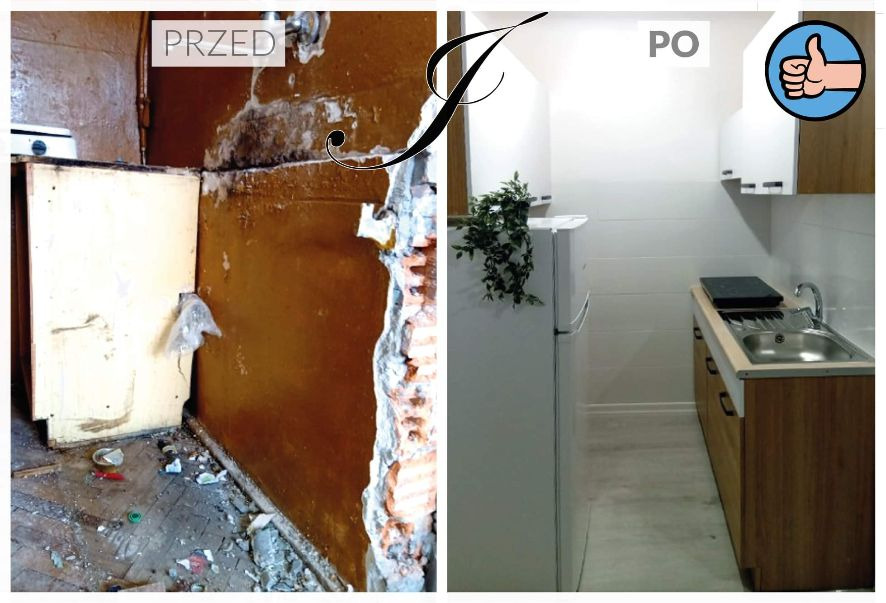 Porównanie stanu kuchni przed i po odnowieniu: zniszczone ściany i podłoga kontra czyste, białe ściany, nowe meble i sprzęty, z dekoracyjną rośliną na lodówce i ikoną kciuka w górę.