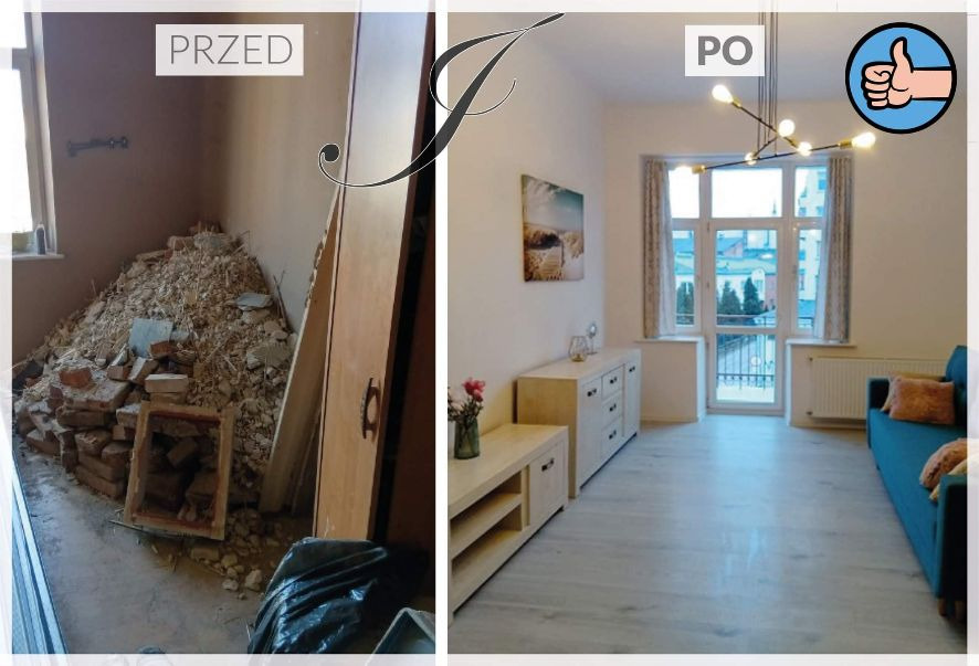 Porównanie stanu mieszkania przed i po pracach: po lewej sterta gruzu i odpadów budowlanych, po prawej odnowione wnętrze z jasnymi meblami, nowym oświetleniem i balkonem.