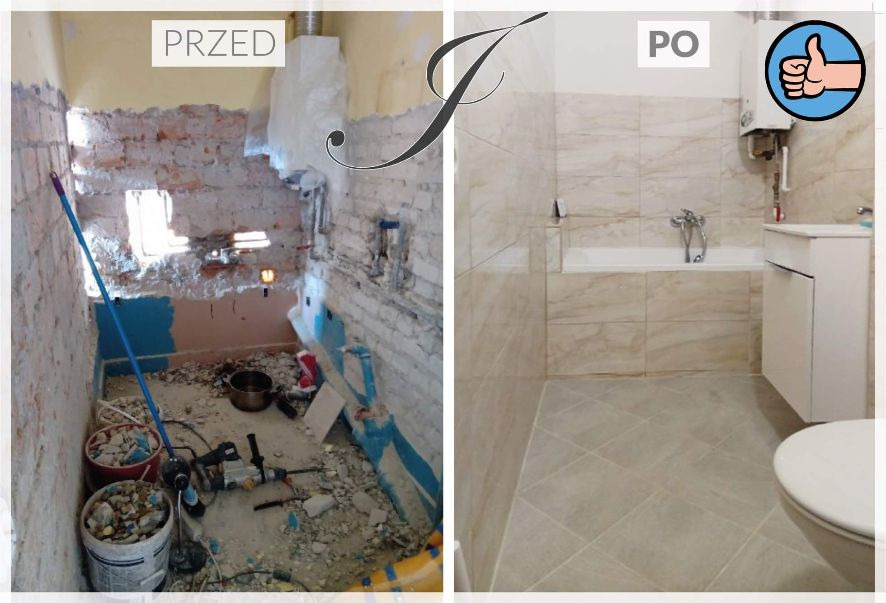 Fotografia typu 'przed i po' prezentująca remont łazienki: po lewej surowe ściany z odsłoniętą cegłą i gruzem, po prawej wykończona łazienka z beżowymi płytkami, wanną i toaletą. Na zdjęciu po...