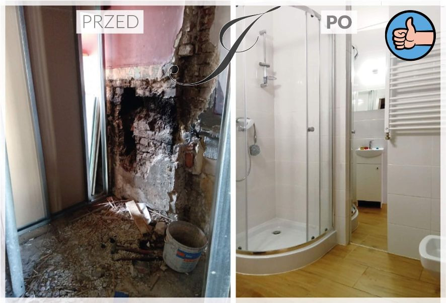 Porównanie stanu łazienki przed remontem: surowe ściany z odsłoniętą cegłą i gruzem, oraz po remoncie: kabina prysznicowa, umywalka i grzejnik drabinkowy na białych płytkach, z drewnopodobną podłogą.