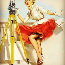 Stylizowana pin-up girl w białej bluzce i czerwonej spódnicy pozuje obok żółtego statywu geodezyjnego z teodolitem, trzymając białą torebkę.