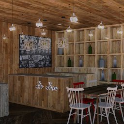 Iga Paśnicka - Wizualizacja wnętrza restauracji z drewnianymi ścianami i sufitem, menu wypisane kredą na tablicy, drewniany regał z butelkami, stoliki z krzesłami i wiszące lampy.