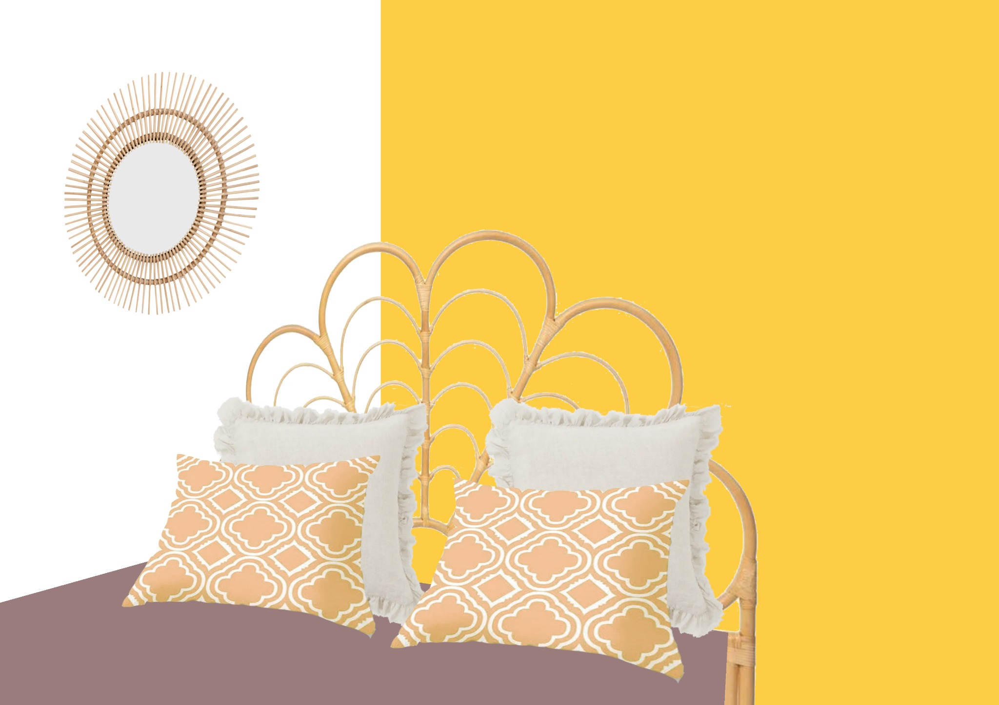 Wizualizacja sypialni z rattanowym zagłówkiem, okrągłym lustrem w ramie z promieni, poduszkami w geometryczne wzory na łóżku z fioletową narzutą i żółto-białym tłem.