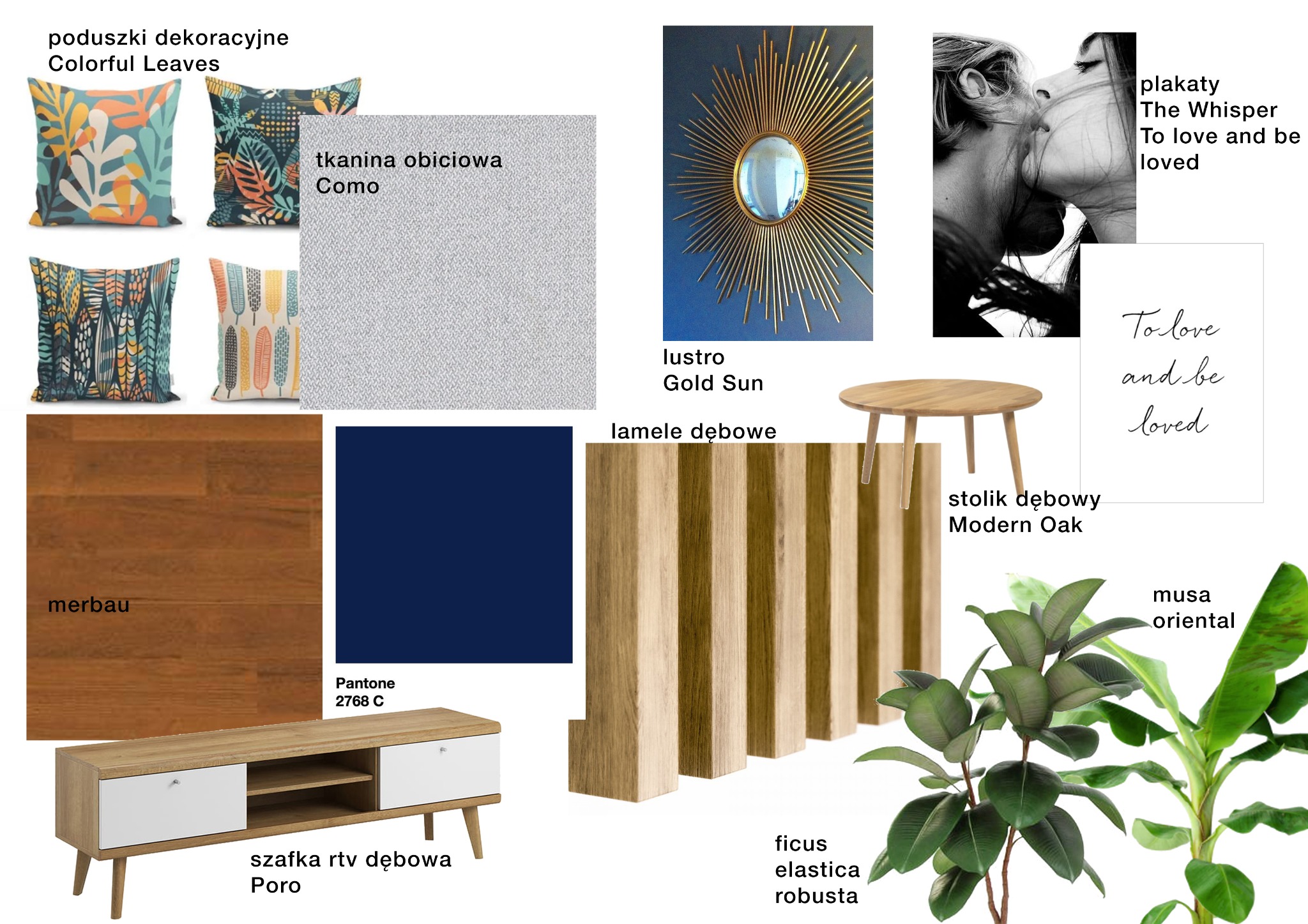 Kolaż elementów aranżacji wnętrz: poduszki dekoracyjne z motywem liści, tkanina obiciowa, lustro w złotej ramie, dębowa lamelowa ściana, szafka RTV, stolik, plakaty oraz rośliny doniczkowe.