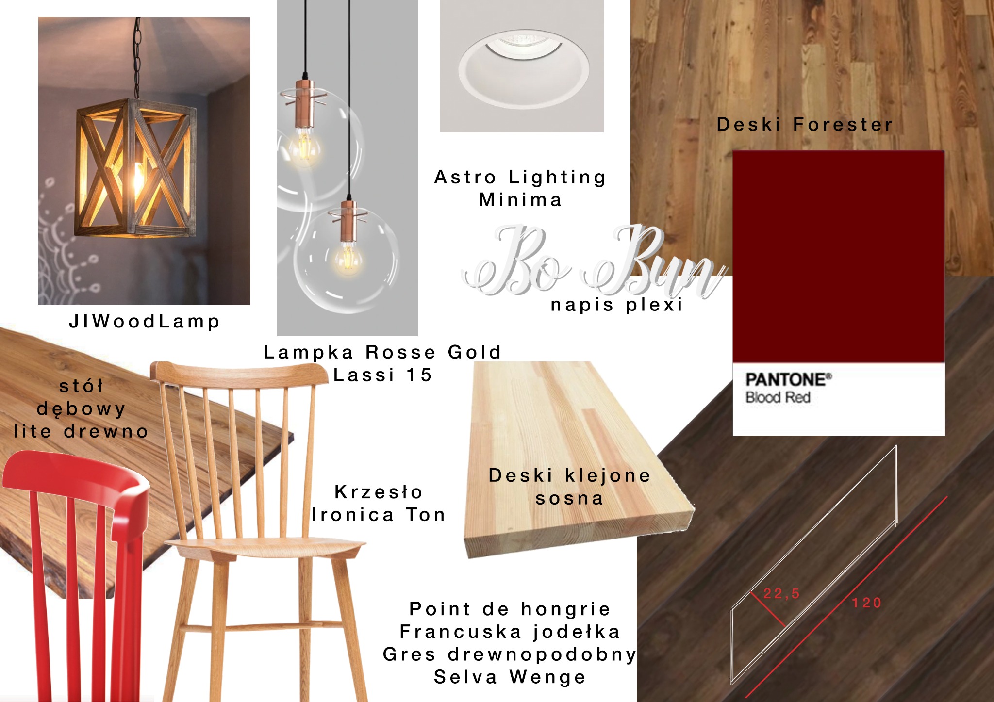 Zestawienie elementów wyposażenia wnętrz: lampy wiszące szklane i drewniana, krzesła drewniane w kolorze naturalnym i czerwonym, deski podłogowe i blat dębowy, próbka koloru Pantone Blood Red.