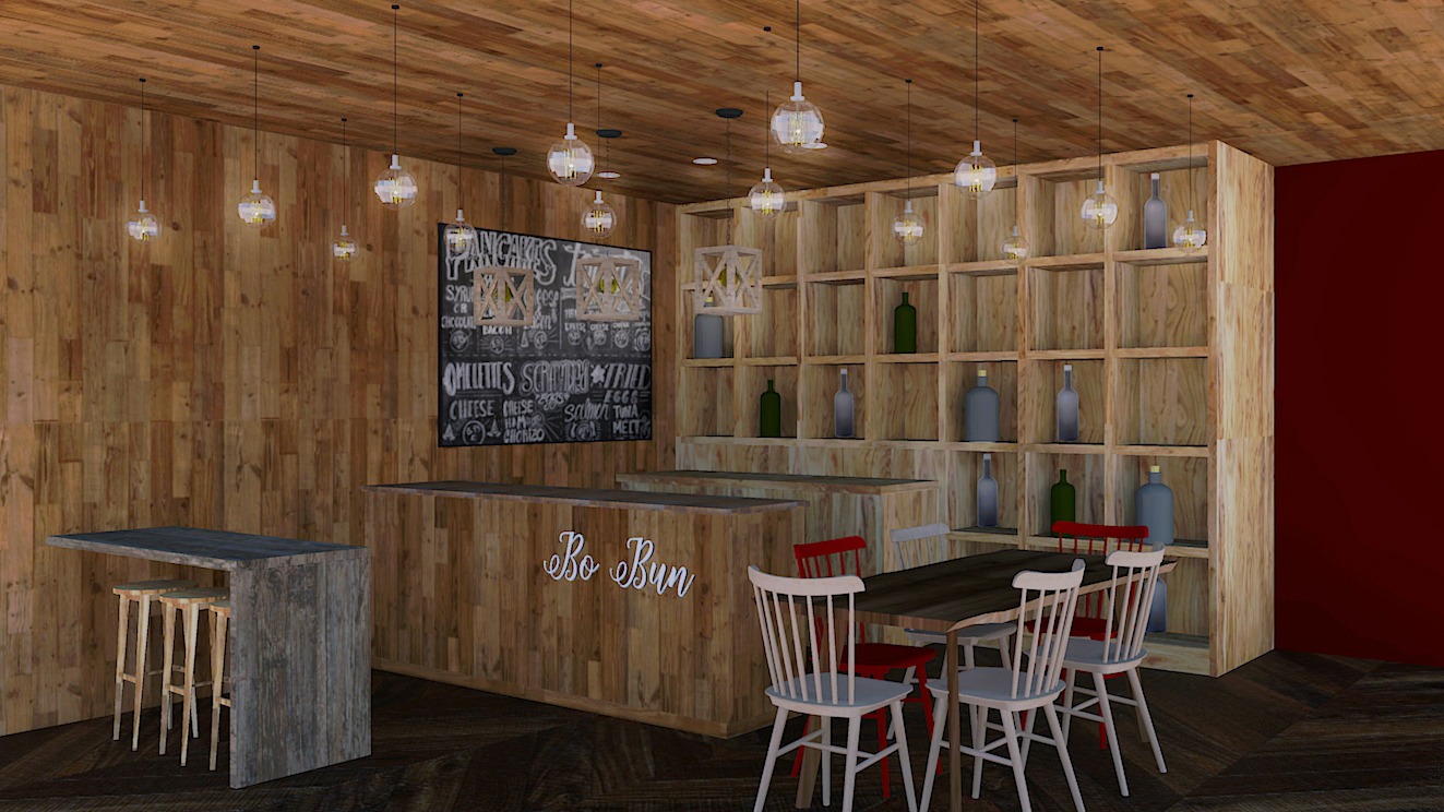 Wizualizacja wnętrza restauracji z drewnianymi ścianami i sufitem, menu wypisane kredą na tablicy, drewniany regał z butelkami, stoliki z krzesłami i wiszące lampy.