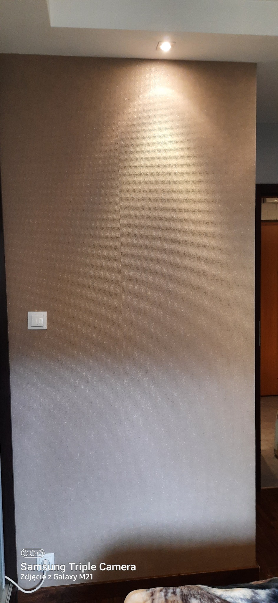 Ściana pokryta tapetą z delikatną fakturą, oświetlona punktowym światłem z góry, z widocznym włącznikiem światła po lewej stronie.