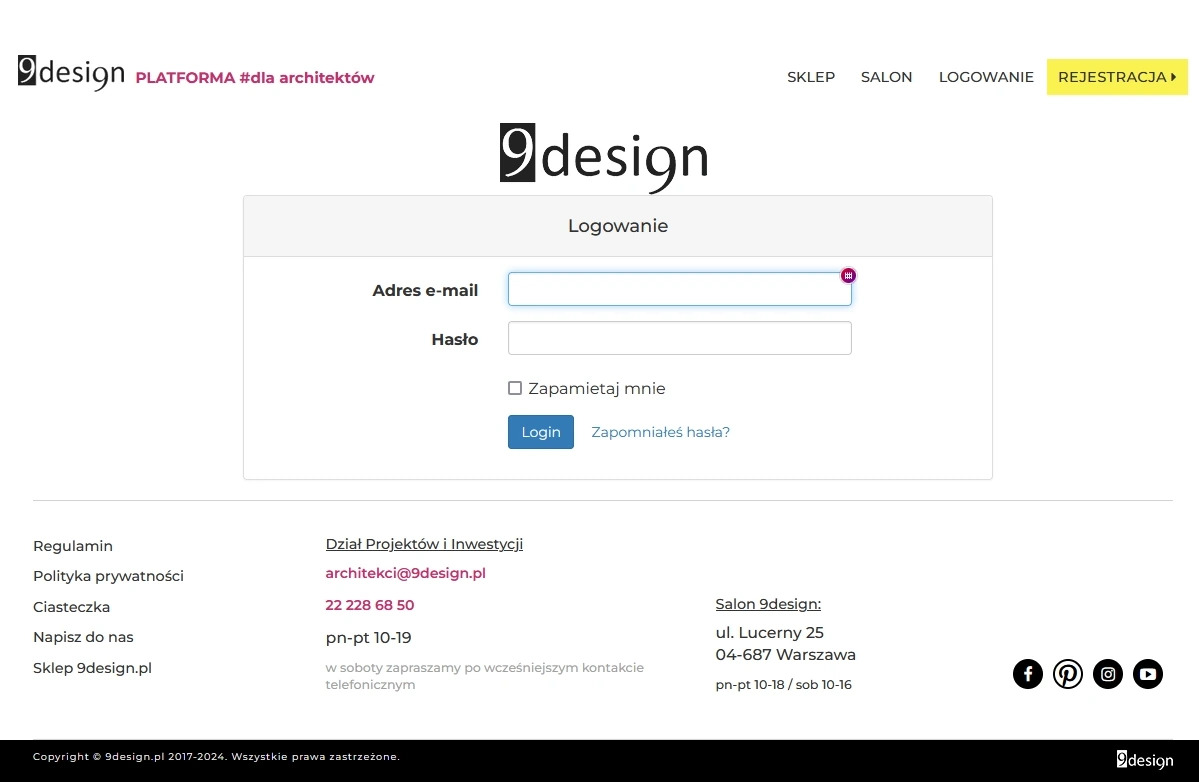 Ekran logowania do panelu sklepu internetowego 9design.pl, z polami na adres e-mail i hasło, przyciskami 'Login' i 'Zapomniałeś hasła?' oraz informacjami o regulaminie, polityce prywatności...