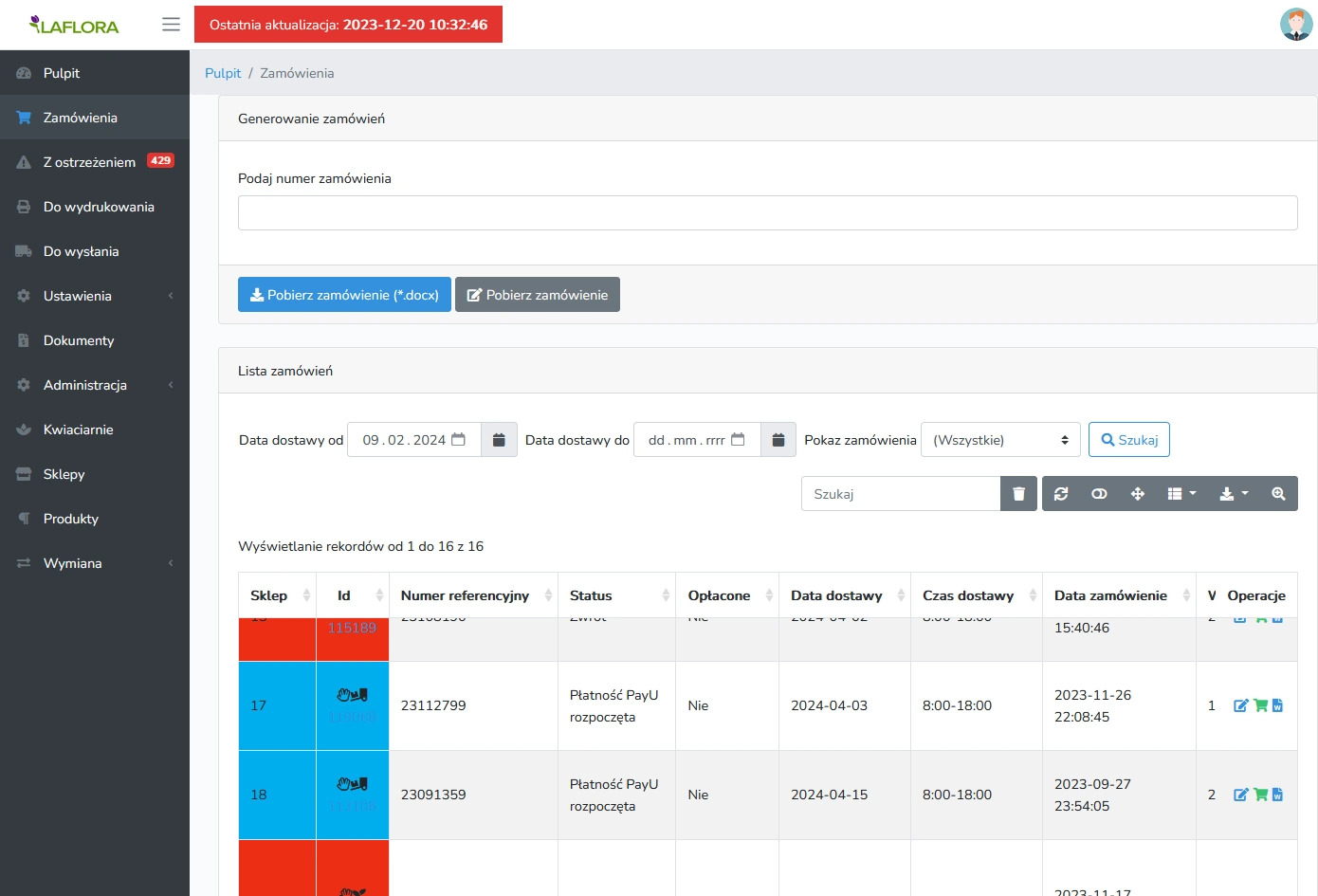 Panel do obsługi zamówień w kwiaciarni internetowej