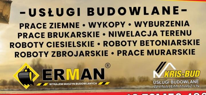 Grafika reklamowa firm budowlanych ERMAN i KRIS-BUD oferujących usługi ziemne, brukarskie, ciesielskie, betoniarskie, zbrojarskie i murarskie oraz wynajem maszyn budowlanych.