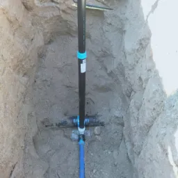 Wykop z widocznym fragmentem instalacji wodociągowej z rur czarnych i niebieskich, połączonych trójnikiem, w ziemi o piaszczystej strukturze.