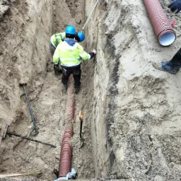Wykop z ułożonym karbowanym rurociągiem w piaskowej ziemi, dwóch pracowników w kaskach i odblaskowych kurtkach w wykopie, narzędzia budowlane na krawędzi wykopu.