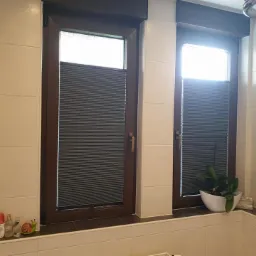 Dwa okna w łazience w Łodzi z zamontowanymi szarymi plisami, widoczne dekoracje okienne i rośliny.