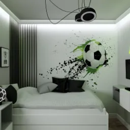 Pokój młodzieżowy z motywem piłkarskim: łóżko, lampka w kształcie piłki, grafika piłki na ścianie z zielonymi i czarnymi plamami, neon 'play' nad telewizorem.