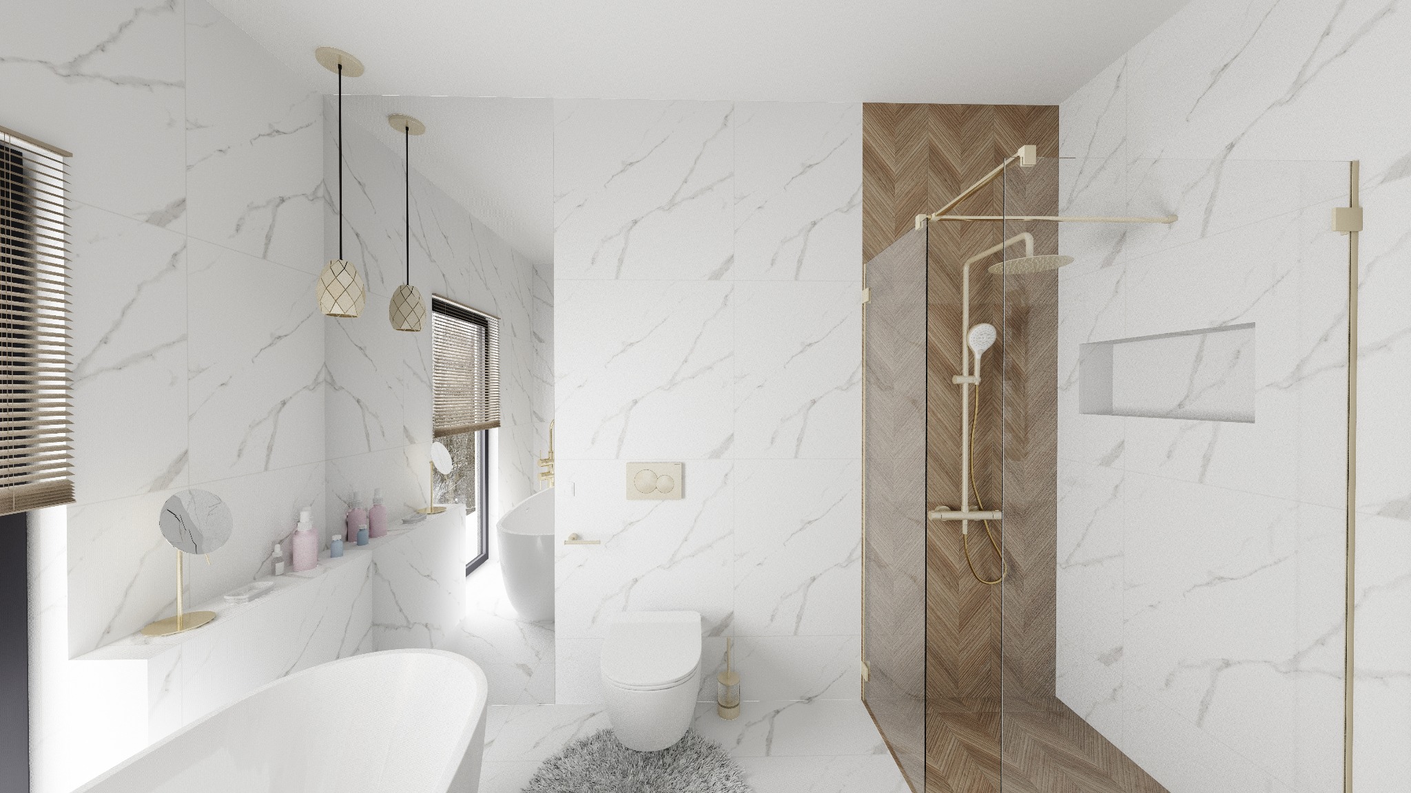 Nowoczesna łazienka z białymi marmurowymi płytkami, kabiną prysznicową z drewnianym akcentem w jodełkę, wolnostojącą wanną, toaletą i okrągłym dywanikiem.