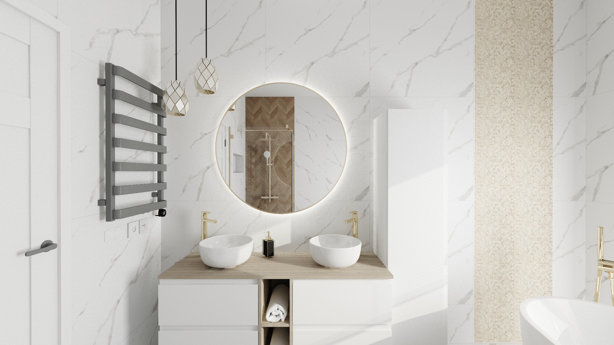 Jasna łazienka z marmurowymi płytkami, okrągłym lustrem z podświetleniem LED, dwiema białymi umywalkami nablatowymi z złotymi bateriami, grzejnikiem drabinkowym i wiszącymi lampami w geometryczne...