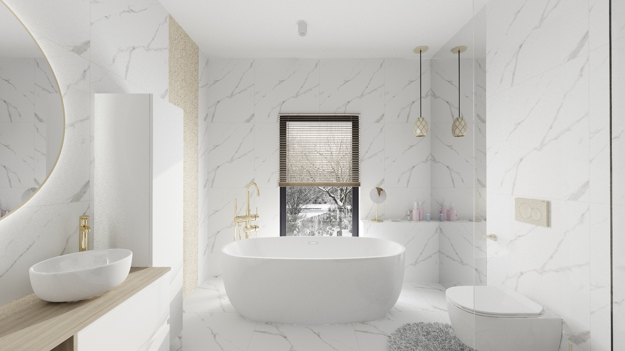 Elegancka łazienka z marmurowymi płytkami, wolnostojącą wanną, złotą armaturą i widokiem na zaśnieżony ogród za oknem.