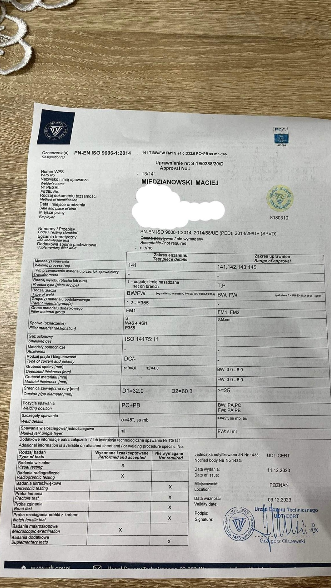 Skan certyfikatu spawacza Macieja Miedzianowskiego, wydany przez UDT-CERT, potwierdzający kwalifikacje w zakresie spawania metodą 141 zgodnie z normą PN-EN ISO 9606-1:2014.