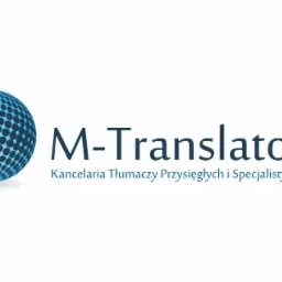 Logo firmy M-Translators z niebieską kulą ziemską i napisem 'Kancelaria Tłumaczy Przysięgłych i Specjalistycznych' w kolorze niebieskim na białym tle.