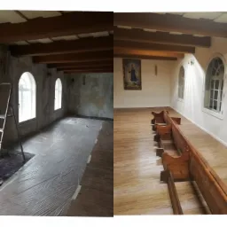 Zdjęcie typu 'przed i po' przedstawiające wnętrze z drewnianymi belkami stropowymi: lewa strona ukazuje pomieszczenie przygotowane do malowania z folią ochronną na podłodze i drabiną, prawa strona...