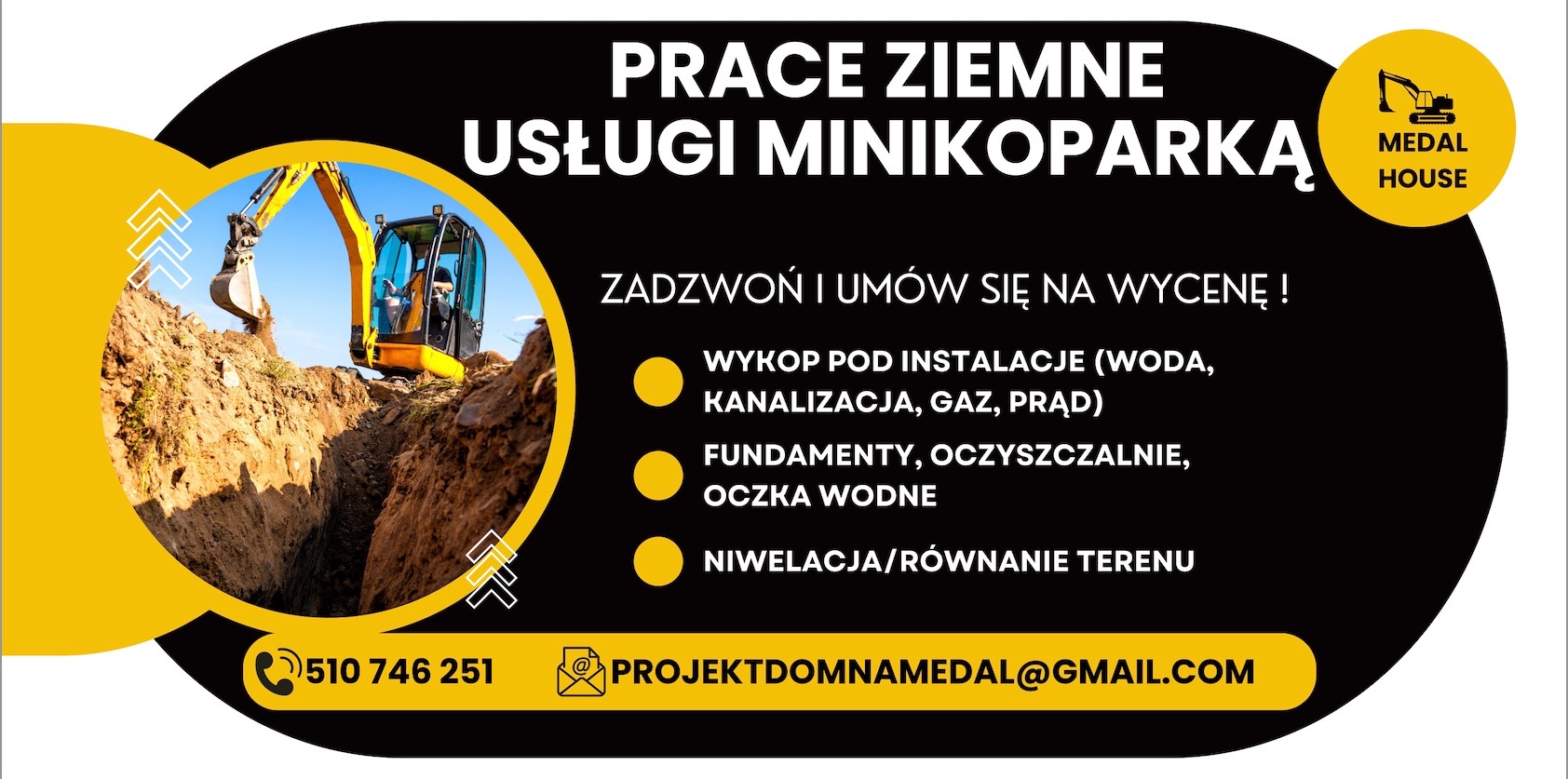 Żółty minikoparka w trakcie wykopu ziemi pod instalacje, fundamenty. Grafika reklamowa z hasłem 'Prace ziemne. Usługi minikoparką'.