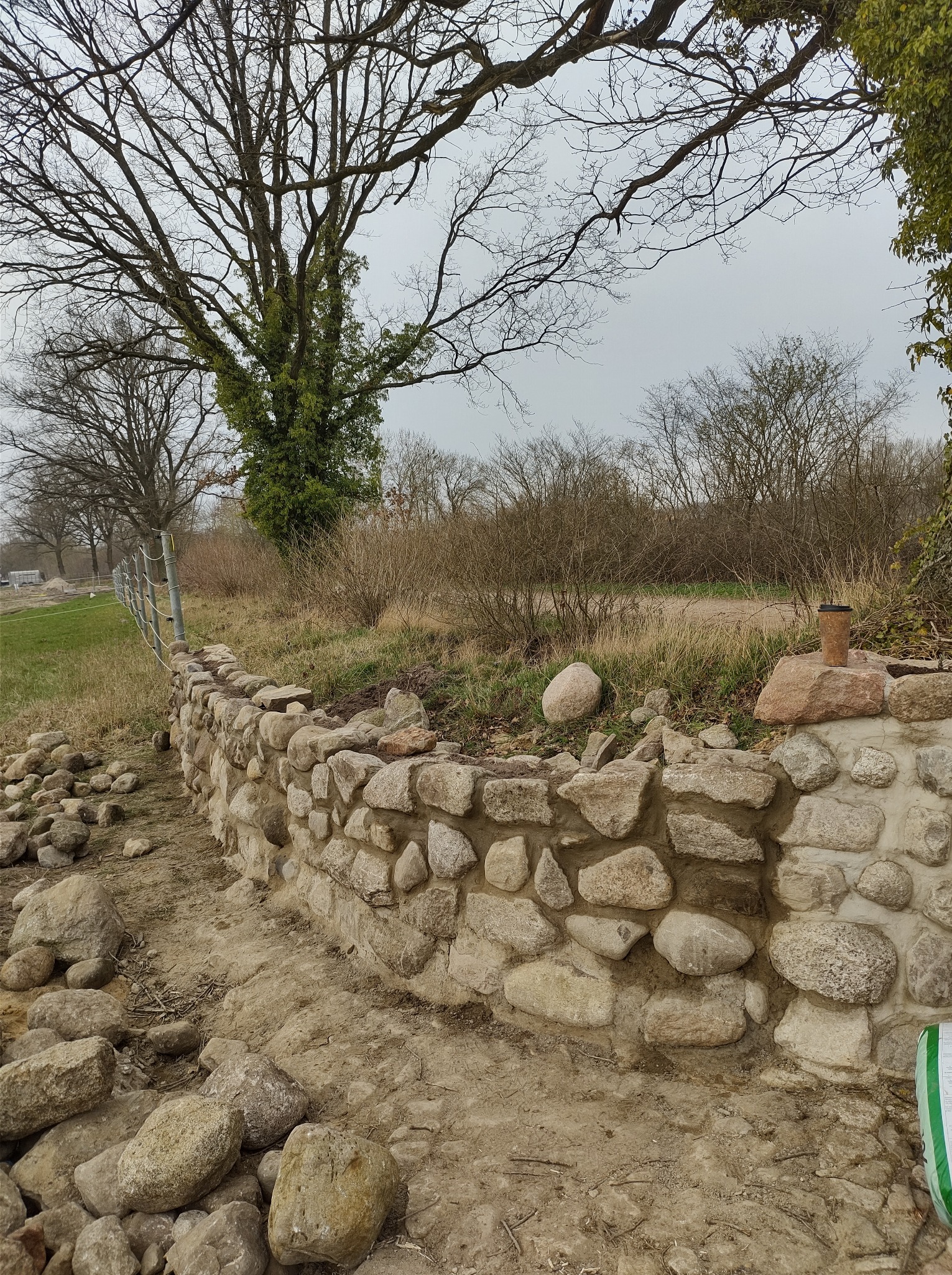 Kamienna, półokrągła konstrukcja muru w trakcie budowy, z widocznymi kamieniami różnej wielkości i zaprawą, otoczona ziemią i elementami krajobrazu, w tle drzewa bez liści i metalowe ogrodzenie.
