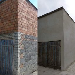 Firma ogolnobudowlana - Porównanie elewacji budynku przed i po nałożeniu szarego tynku, widoczne stare i nowe drzwi garażowe.