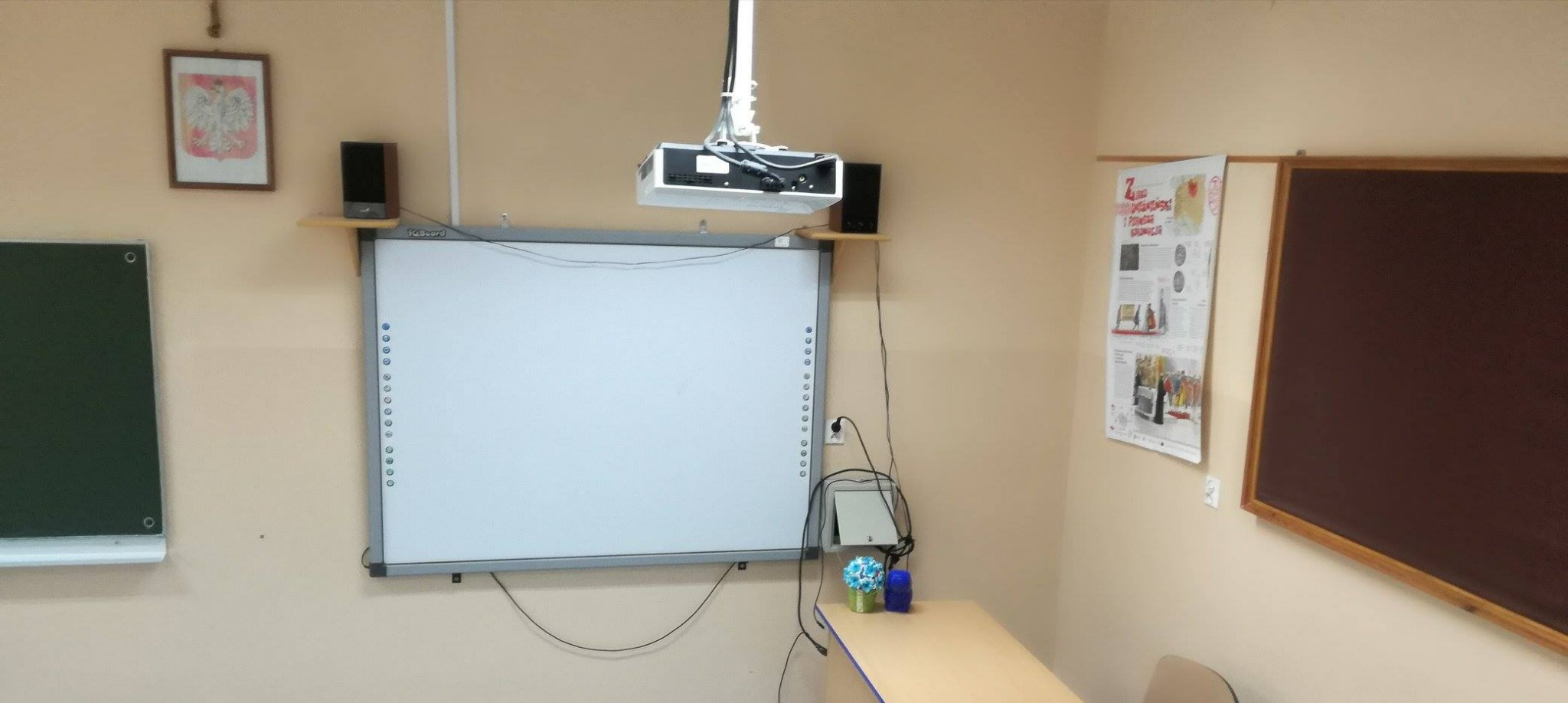 Widok klasy z interaktywną tablicą, projektorem, głośnikami, plakatem historycznym i godłem Polski na ścianie.