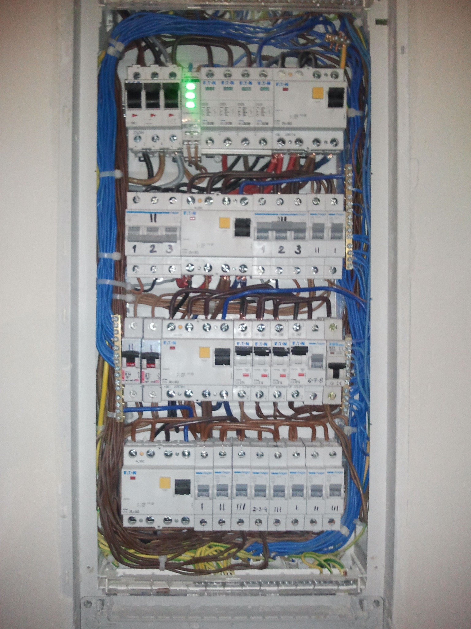 Rozdzielnia elektryczna z bezpiecznikami, przewodami w kolorze niebieskim i brązowym, zamontowana w białej obudowie. Widoczne oznaczenia na elementach.