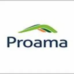 Logo firmy Proama na białym tle, z zielonym i pomarańczowym symbolem nad nazwą, sugerującym dynamiczny ruch lub wznoszącą się falę.