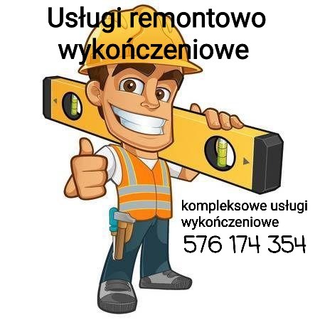 Karykaturalny budowlaniec w kasku i kamizelce odblaskowej, trzymający poziomicę i pokazujący kciuk w górę, obok numer telefonu kontaktowy.