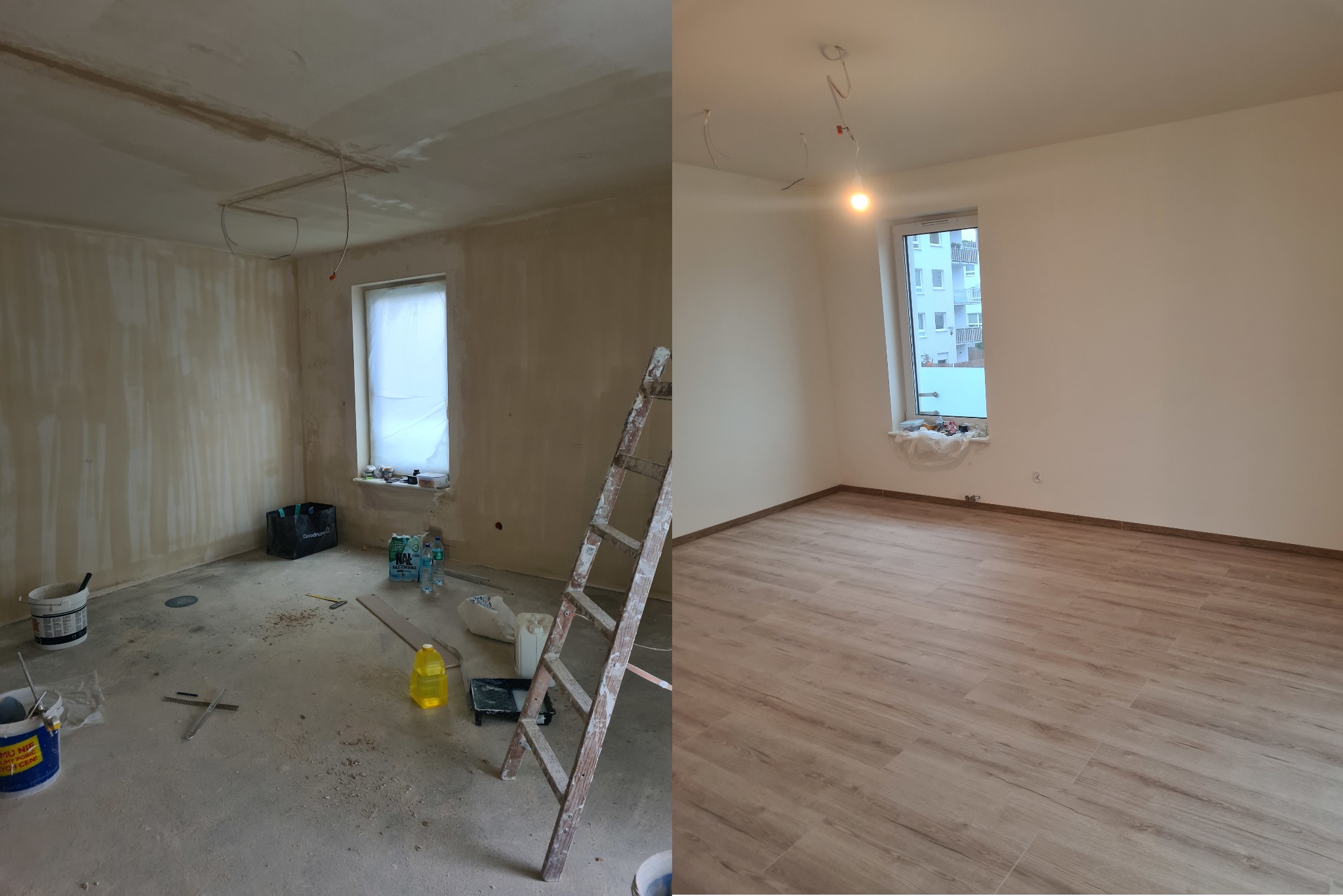 Remont pokoju w Szczecinie: widok przed i po. Po lewej surowe ściany, po prawej świeżo pomalowane, z nową podłogą. Drabina malarska w kadrze.