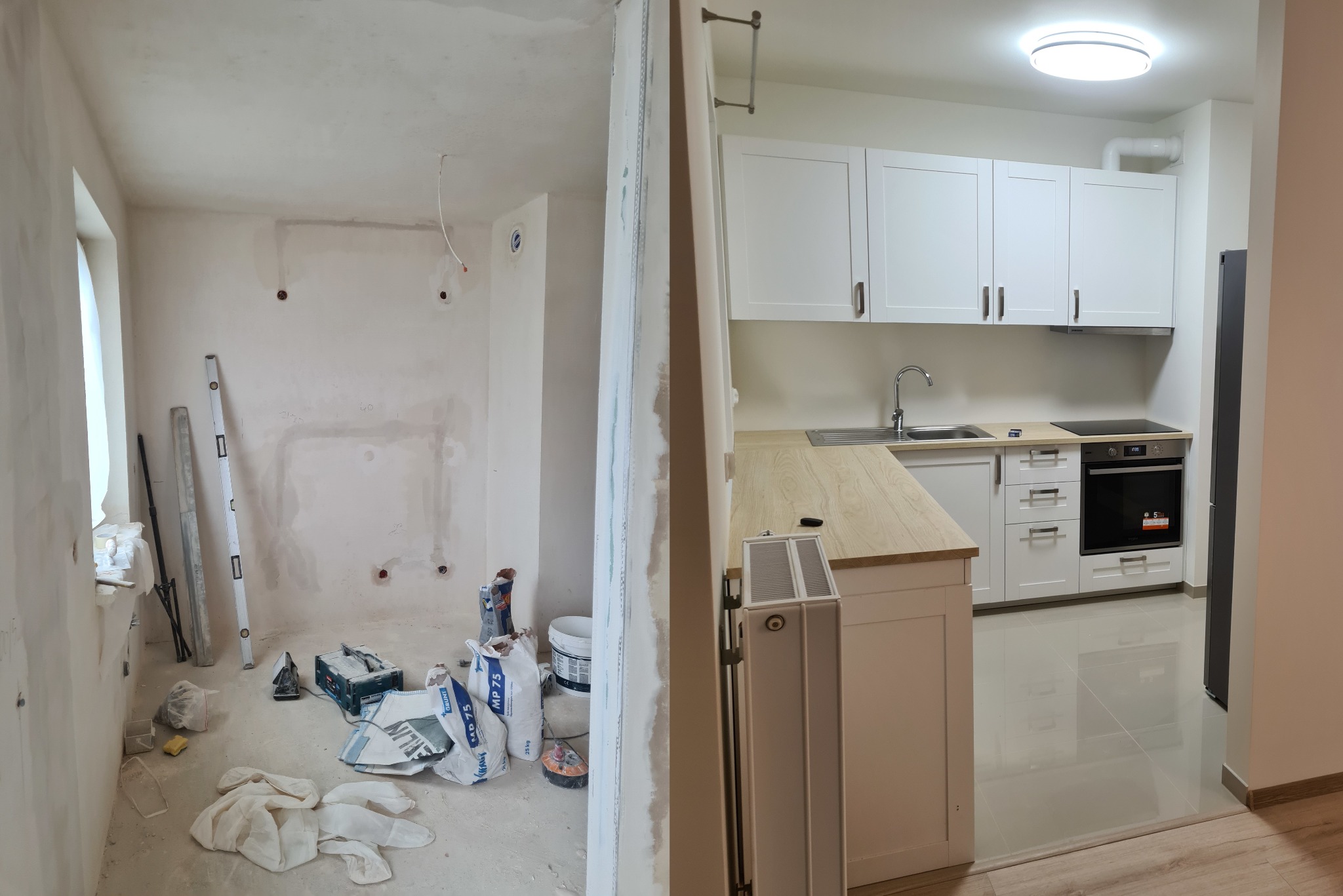 Kuchenne wnętrze w trakcie metamorfozy: surowy stan z workami gipsu kontra gotowa, jasna zabudowa z drewnianym blatem i nowoczesnym sprzętem AGD.