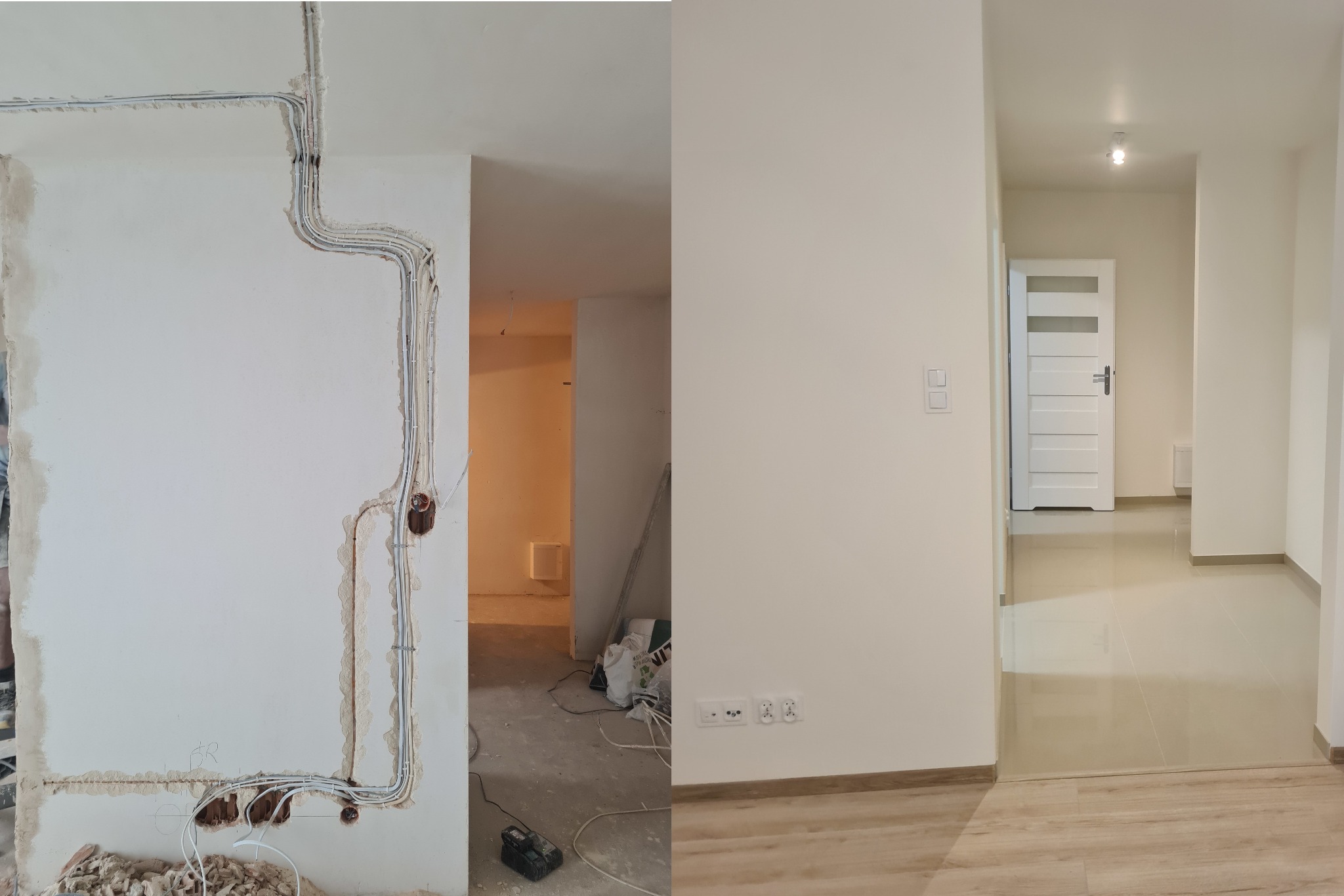 Remont mieszkania: instalacja elektryczna w ścianie przed i po wykończeniu. Widoczne kable w bruzdach oraz gładka ściana z gniazdkami i włącznikami. Jasne wnętrze.