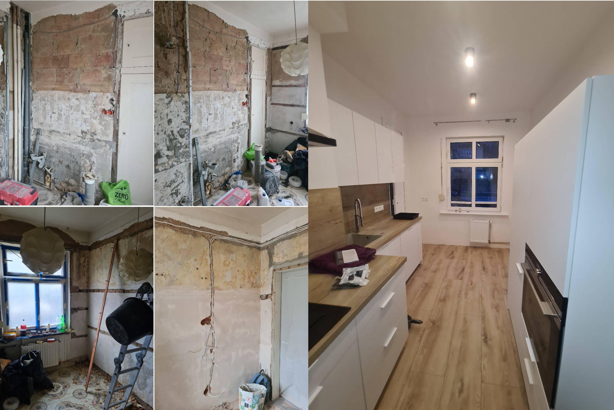 Kolaż: kuchnia przed i po remoncie. Lewa strona ukazuje surowe ściany, instalacje. Prawa strona prezentuje nowoczesną, białą zabudowę kuchenną z drewnianym blatem i oświetleniem.