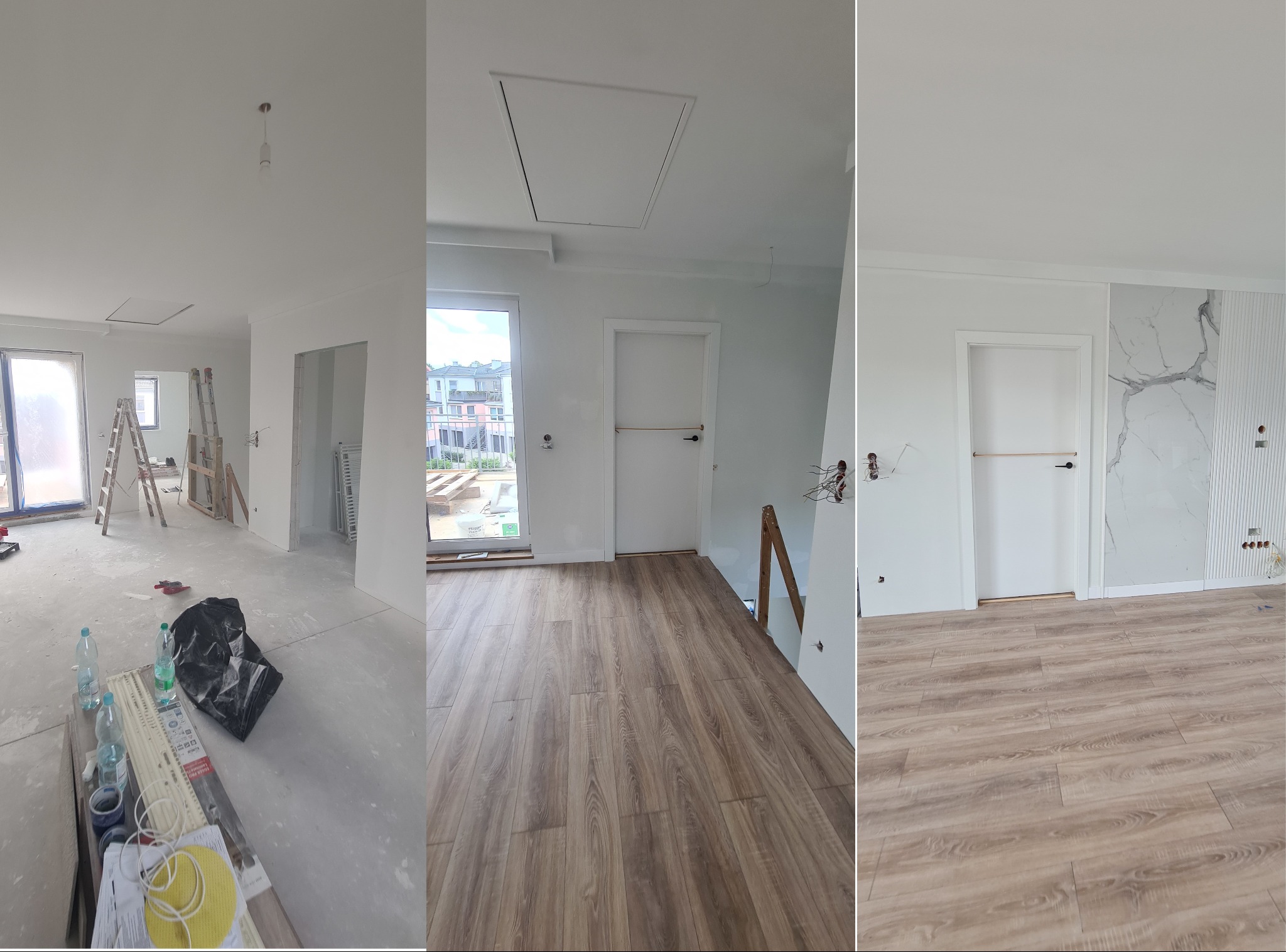 Trzy kadry z remontu: surowy stan, ułożone panele, wykończone wnętrze z panelami, marmurem i lamelami. Widoczne detale instalacji elektrycznej.