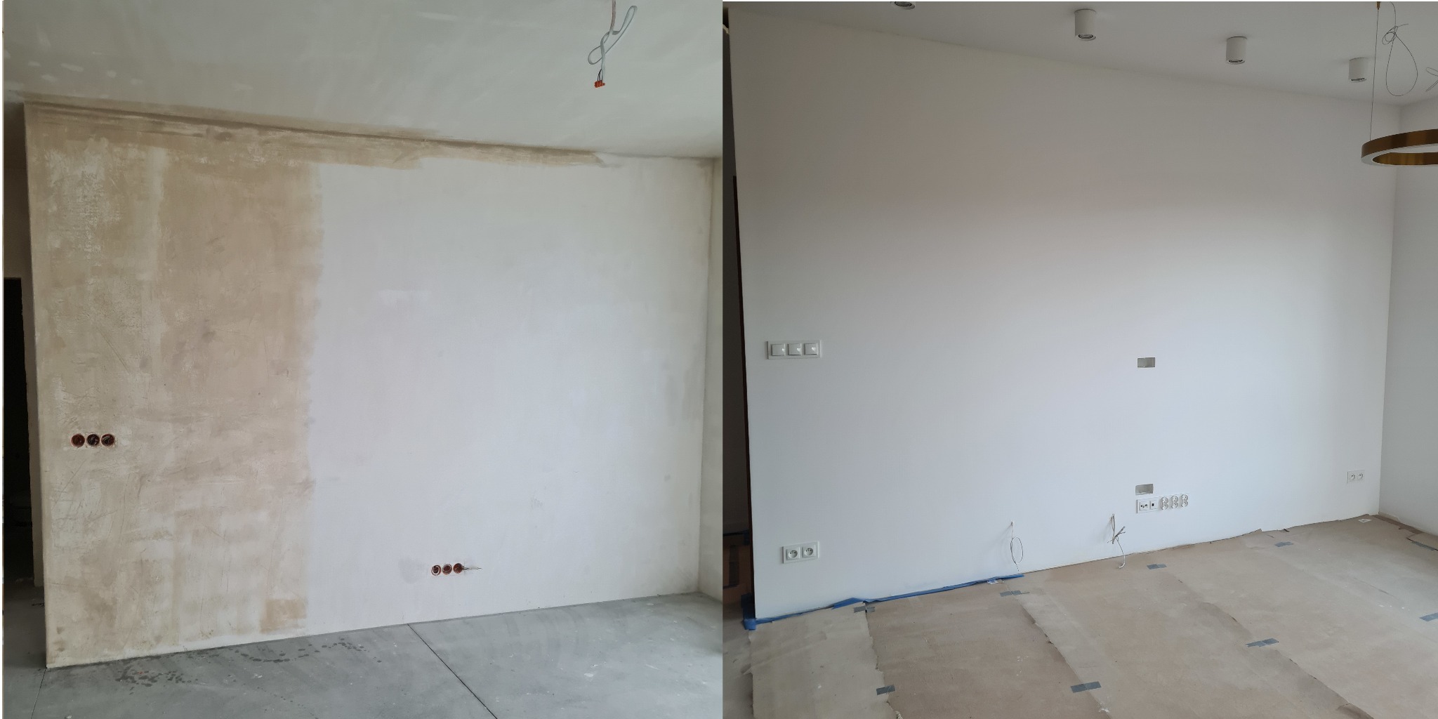 Zdjęcie 'przed i po' przedstawia ścianę: po lewej stronie surowa, częściowo przygotowana, po prawej - gładka, pomalowana na biało, z zamontowanymi gniazdkami elektrycznymi.